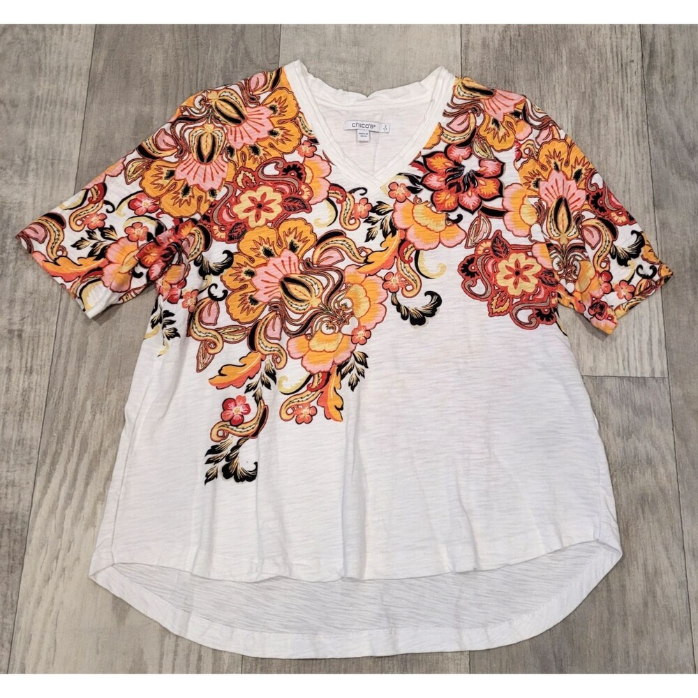 Chico's 2 (L) Floral Paisley V-Neck Cotton/Modal Tee Shirt High Low Hem Resort